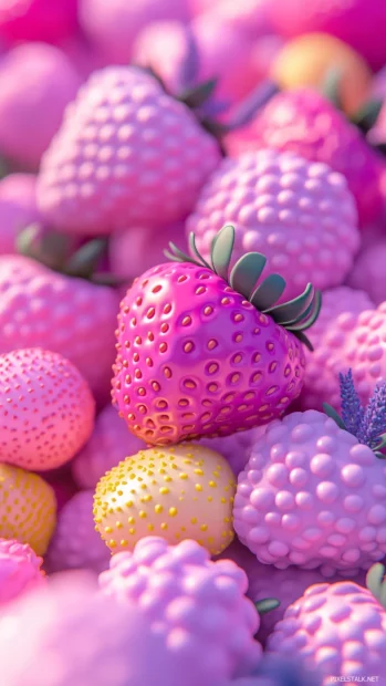 Abstract pink strawberries, pastel yellow, lavender accents, filling spaces, simple lines, flat style.