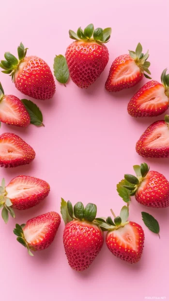Abstract pink strawberries, pastel yellow, lavender highlights, simple lines, flat style illustration.