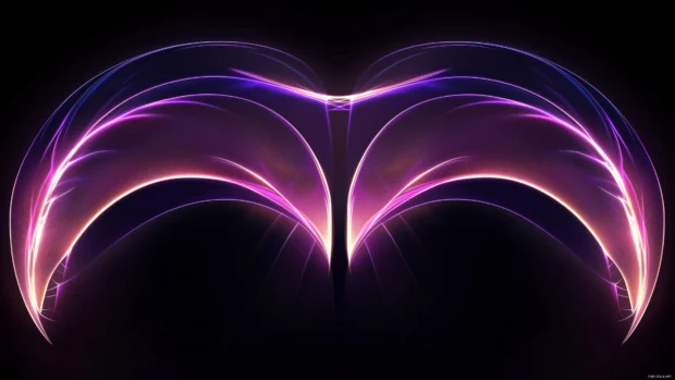 Abstract purple neon arcs forming a futuristic, symmetrical pattern.