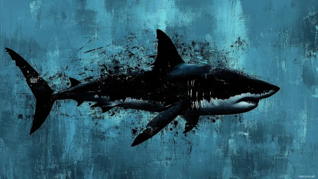 Abstract rendering of great white shark silhouette in black and blue.