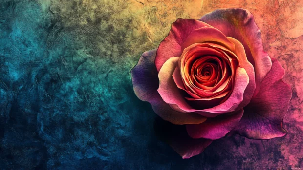 Abstract rose unfolding on textured wall in gradient hues.