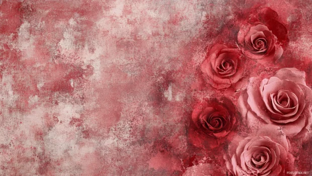 Abstract roses tiled over linen texture in faded red.