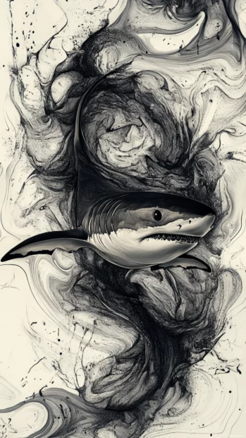 Abstract shark drawn in swirling wave forms.
