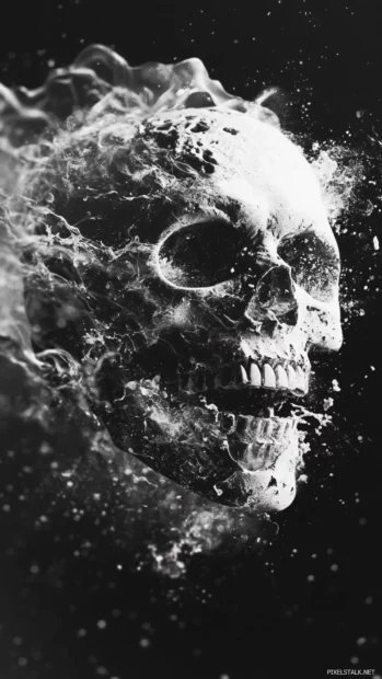 Abstract skull iPhone wallpaper design in chaotic splash patterns.