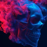 Abstract skull wallpaper 4K rendered in electric blue and crimson tones.