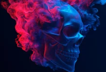 Abstract skull wallpaper 4K rendered in electric blue and crimson tones.