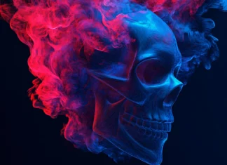 Abstract skull wallpaper 4K rendered in electric blue and crimson tones.