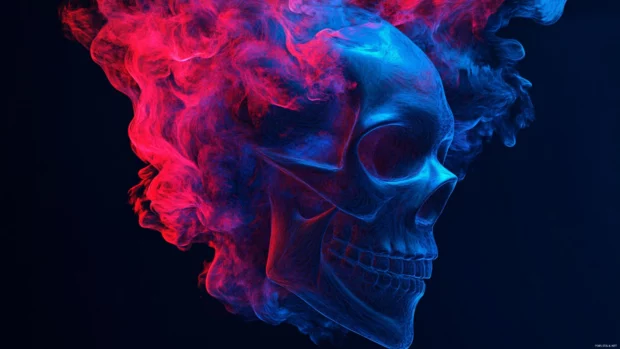 Abstract skull wallpaper 4K rendered in electric blue and crimson tones.