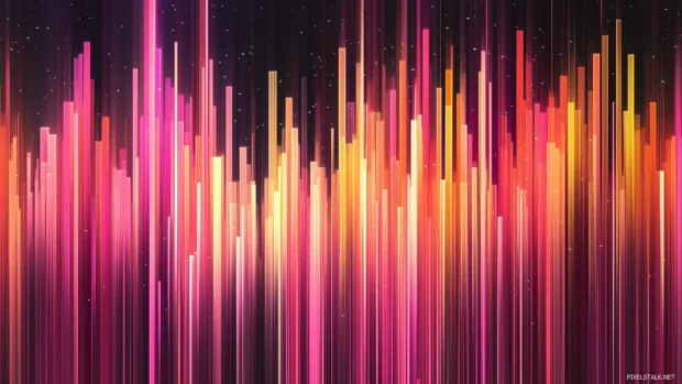 Abstract sound equalizer, vibrant bars, varied heights, colors, pulse, sleek black background, music in motion.