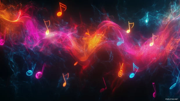 Abstract sound waves, vivid notes, dynamic flow, dark background, lively rhythm.
