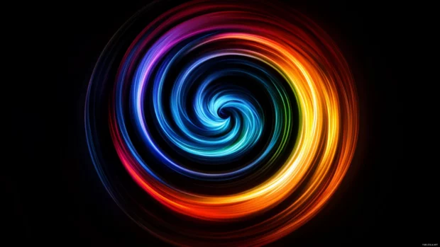 Abstract spiral of neon bars spinning in black void.