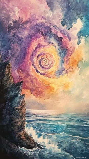 Abstract spirals of watercolor clouds swirling over a sea cliff.