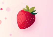Abstract strawberries, geometric shapes, flat colors, pastel gradient backdrop.