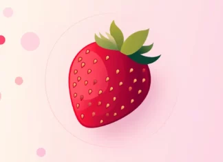 Abstract strawberries, geometric shapes, flat colors, pastel gradient backdrop.
