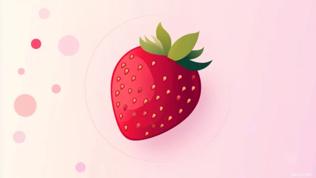 Abstract strawberries, geometric shapes, flat colors, pastel gradient backdrop.
