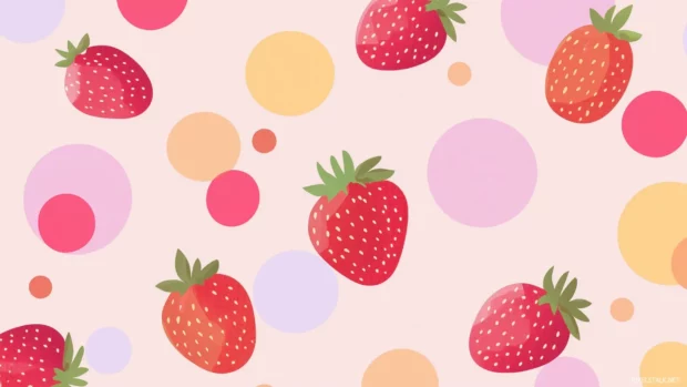 Abstract strawberry design with bold geometric shapes and flat colors on a pastel gradient background.