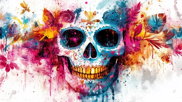 Abstract sugar skull, watercolor style, blue, pink, gold splashes, floral and leaf patterns.