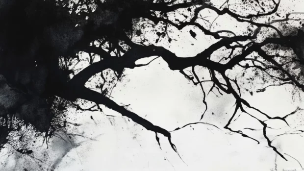Abstract tree branches reaching across the canvas in bold black watercolor.