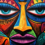 Abstract tribal mask done in vivid graffiti contrast.