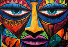 Abstract tribal mask done in vivid graffiti contrast.