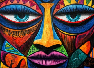 Abstract tribal mask done in vivid graffiti contrast.