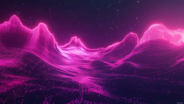 Abstract waves of pink neon flowing through night.