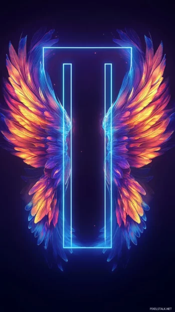 Abstract wings glowing in vertical neon frame.