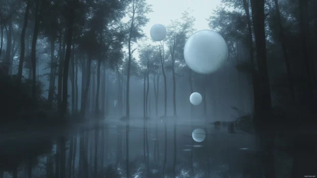 Abyss themed psychedelic art for dark trippy wallpapers, featuring floating orbs and fog layers.