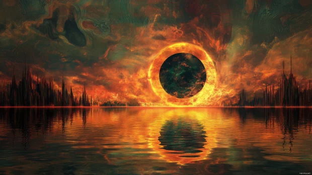 Abyssal lake of digital fire reflecting a trippy eclipse in midnight shades.