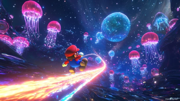 Across a starlit space ocean, Mario surfs on a beam of light above glowing jellyfish planets.