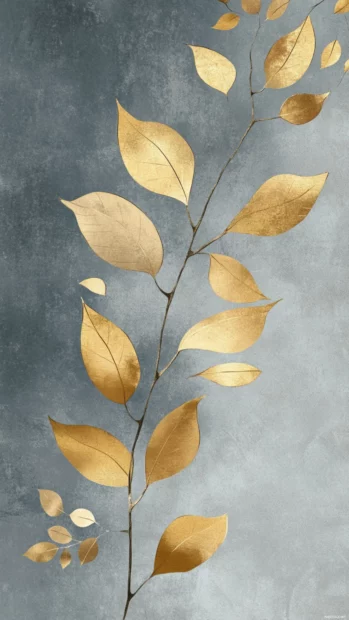 Across the lock screen, delicate golden leaves trace minimal patterns on a soft grey background.