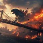 Action packed Godzilla wallpaper HD for desktop with fire and collapsing bridges.