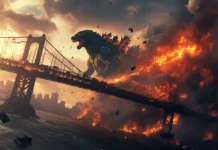 Action packed Godzilla wallpaper HD for desktop with fire and collapsing bridges.