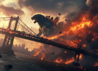 Action packed Godzilla wallpaper HD for desktop with fire and collapsing bridges.