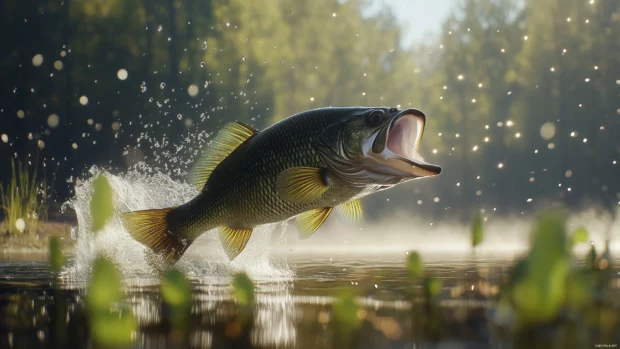 Action shot of a bass fish striking bait in mid air, with droplets of water and a blurred forest background, creating a dynamic scene.
