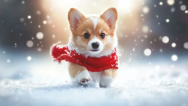 Adorable Christmas puppy running through snow, perfect for festive puppy desktop wallpaper lovers.