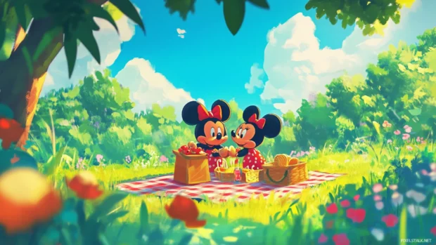 Adorable Mickey and Minnie mouse picture on a sunny picnic with bright colors.