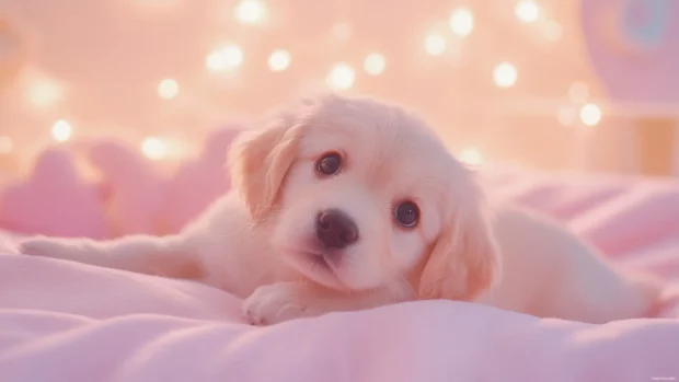 Adorable Puppy Wallpaper aesthetic style with pastel tones and soft lighting for a calming desktop look.