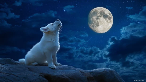 Adorable Puppy Wallpaper collection with a husky pup howling at the moon in for widescreen monitors.