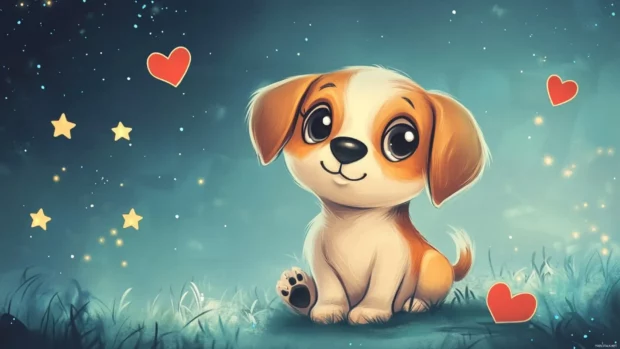 Adorable Puppy Wallpaper in cartoon style with hearts and stars, great for dog lovers desktops.