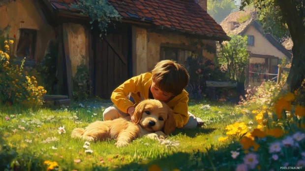 Adorable Puppy being cuddled by a child in a scenic backyard.