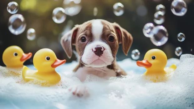 Adorable Puppy in a bubble bath with rubber ducks and soap bubbles.