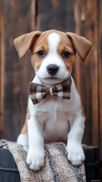 Adorable Puppy posing with a bow tie for a portrait.