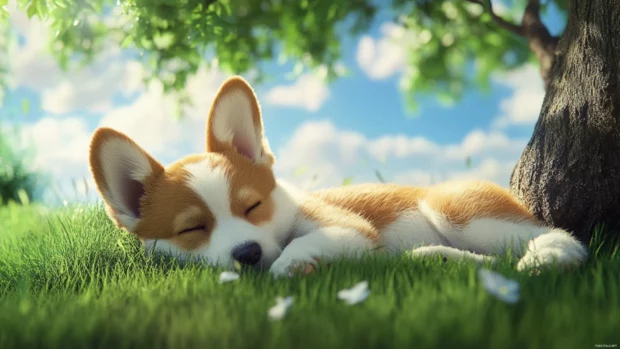 Adorable Puppy resting peacefully under a tree on a summer day.