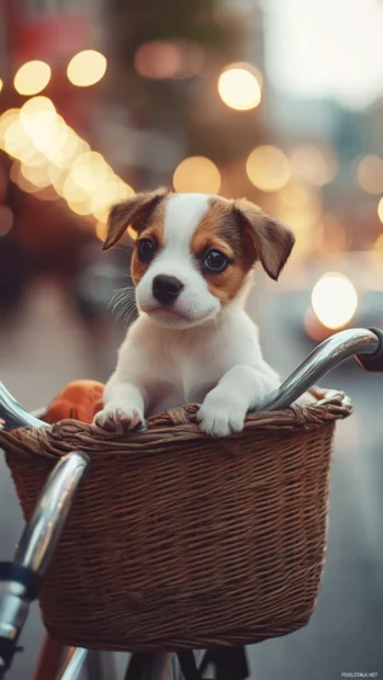 Adorable Puppy riding in a bicycle basket through the city.
