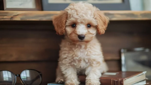 Adorable Puppy sitting beside a stack of books and glasses.