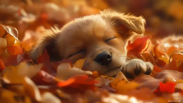 Adorable Puppy sleeping in a bed of autumn leaves.