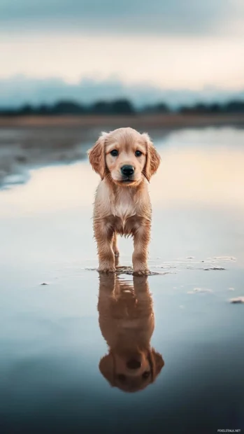 Adorable Puppy standing in a puddle reflecting the sky.