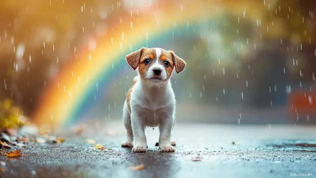 Adorable Puppy standing under a rainbow after the rain.