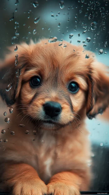 Adorable Puppy staring at raindrops on a window.